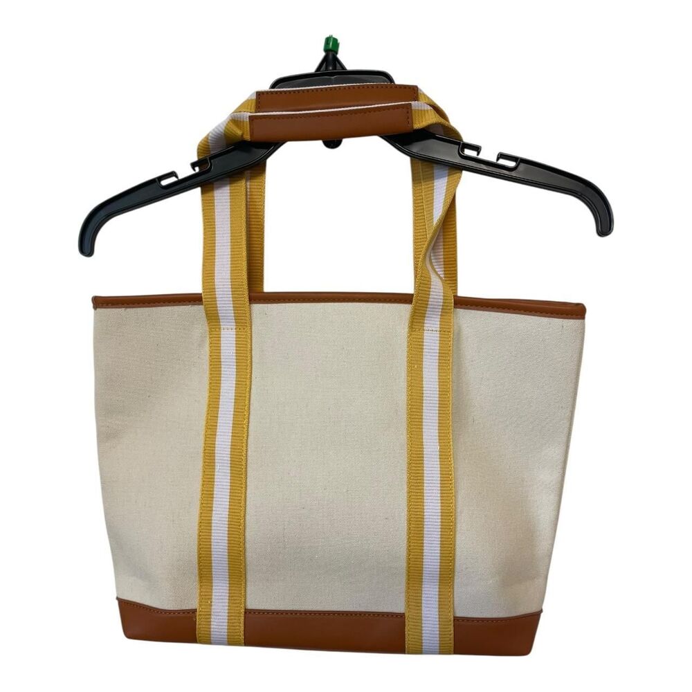 Tan and Yellow Striped Canvas Tote with Interior and Exterior Pockets - Picture 2 of 8